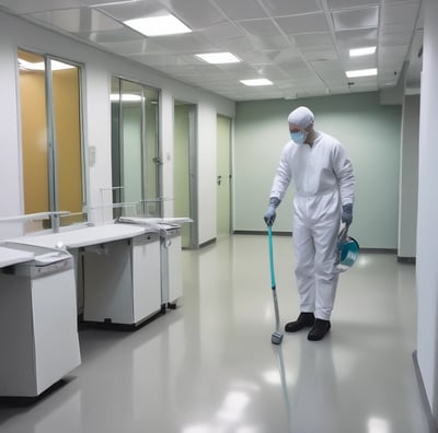 A group of people inside a room engage in cleaning or maintenance activities. One person sweeps the floor with a broom while others stand and observe, smiling or gesturing. The room has wooden structures and a child rests on a bed nearby.