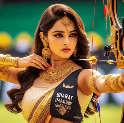 a woman in a sari outfit is holding a bow