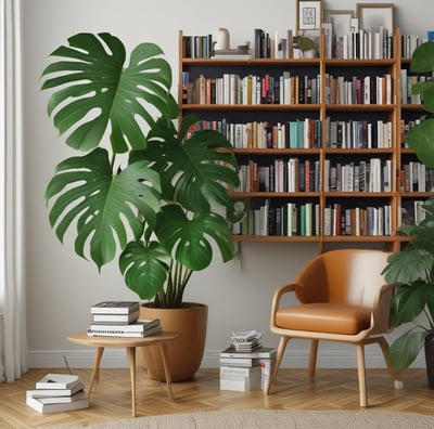 Large, lush plants with spiral-shaped leaves are placed in pots on a wooden surface. The leaves have a unique, textured pattern with varying shades of green.