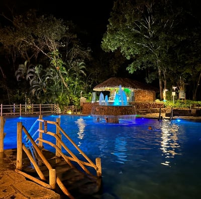 a pool with a gazeboar and a gazeboar