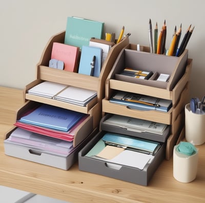 A vintage display of stationery items, including colorful feather quill pens, ink bottles, and notebooks, arranged neatly on a wooden counter. The background features shelves filled with leather bags and bound books, creating a classic and old-fashioned ambiance.