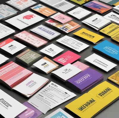 A collection of various office supplies and packages are scattered across a table. Items include a red phone, a serrated knife, rolls of packing tape, scissors, markers, a stapler, and several cardboard boxes. The background features a stack of green material, possibly paper or fabric, and a window with blinds.