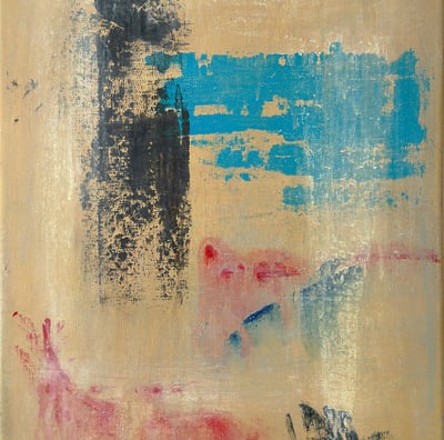 Abstract artwork in ochre with black and azure marks