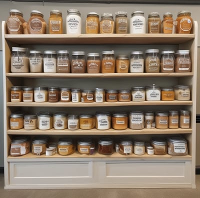 A snack bar area inside a store featuring a variety of packaged chips and snacks neatly arranged on a shelf. Above the shelf, there is a large, lit-up graphic with an artistic design, and two modern pendant lights hang from the ceiling. The word 'refresh' is prominently displayed at the top. The background includes a blue wall and a door with some posters or notices on it.