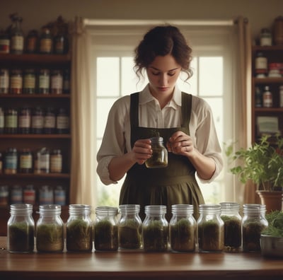 Several bags of organic wholemeal pasta are lined up on a wooden shelf in what appears to be a store. The bags display various labels with text, and the background features a blurred, softly lit setting with other shop products visible.