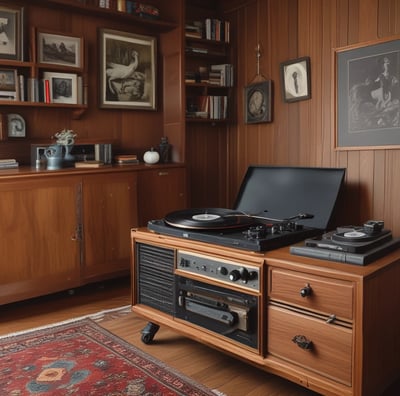 A person is adjusting a vintage record player in what appears to be an antique shop or collection room. The walls are adorned with various paintings, including landscapes and portraits. Shelves are filled with classical busts, candlesticks, and vases. Musical instruments like guitars are visible, as well as decorative objects, such as a red toy with large eyes in the foreground.