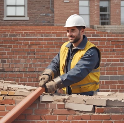 A person is standing among stacks of large, rectangular stone slabs arranged in an outdoor setting. The individual is wearing a white shirt and black pants, with one hand positioned under their chin as they appear to be in thought. In the background, there are power lines and a sparse amount of greenery.