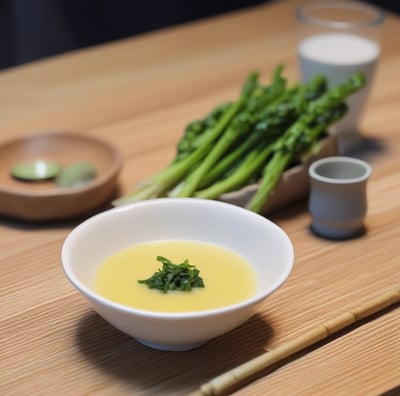 A beautifully arranged scene with a ceramic jar, a bamboo matcha whisk in a holder, a bowl with floral patterns, and a pair of chopsticks resting on a blue fabric napkin. The setting evokes a peaceful, traditional aesthetic, possibly related to Japanese tea culture.