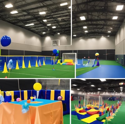 An indoor sports facility featuring several padel courts with blue playing surfaces and orange sidelines. There are players engaged in a game on one of the courts, while the others appear empty. The area is well-lit with overhead lighting and enclosed by a high ceiling and metal structure.