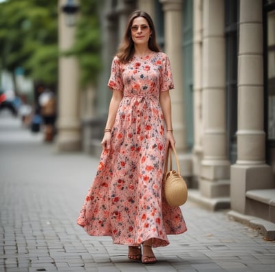 A woman wearing a spring dress and sandals