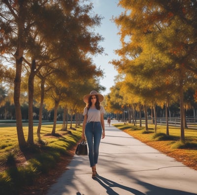 A stylish woman is walking outdoors in a sunny setting with palm trees and white buildings in the background. She is wearing a brown coat, headscarf, and beret, combined with a white top, jeans, and black boots.