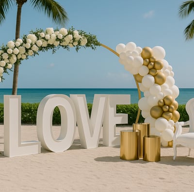 Luxury outdoor event decor featuring giant illuminated letters, elegant floral arrangements, and stylish setup by Las Carolin