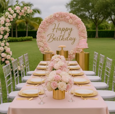 Luxury outdoor birthday party setup with elegant floral arrangements, gold and white decorations, and premium furniture by La