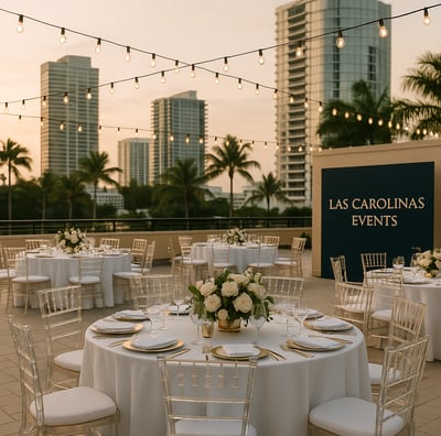 Elegant outdoor corporate event setup with luxury table settings, acrylic chairs, and refined floral arrangements by Las Caro