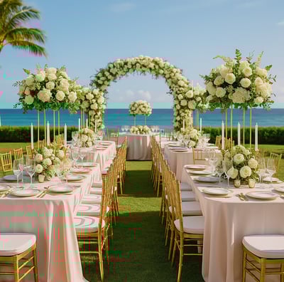 Luxury outdoor wedding setup featuring elegant acrylic chairs, floral centerpieces, and gold accents by Las Carolinas Events