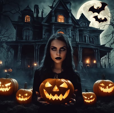 a woman in a black dress holding pumpkins