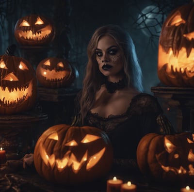 a woman in a black dress and a black dress with a skeleton headdress