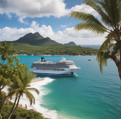 A large cruise ship with multiple decks and balconies is seen under a clear blue sky. The ship features a prominent red funnel with a cartoon character logo. Palm leaves are visible in the foreground, adding to the tropical feel of the scene.