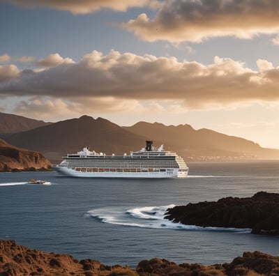 A large cruise ship with a prominent blue and white logo on its bow is docked in a serene harbor. The background features a clear blue sky with fluffy clouds and lush green hills. Several smaller boats are moored in the distance on the calm blue water.