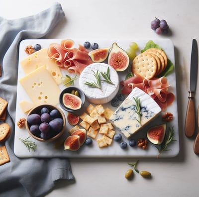 Charcuterie Board on Marble Cutting Board Styled with Fresh Ingredients