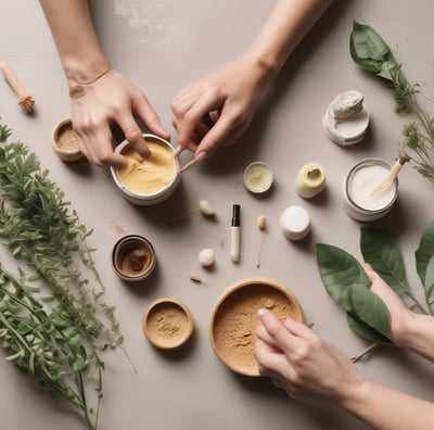 A hand is holding a bar of handmade soap with a label that reads 'Vya Naturals' featuring ingredients like activated charcoal and cedarwood. The background includes pieces of black soap or material placed on a wooden surface.