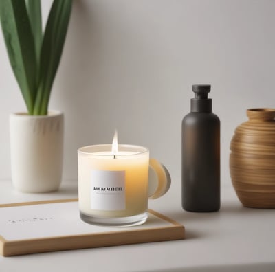 An artisanal soap bar with 'Savons Arthur' engraved on it sits on a wooden soap dish. Next to it is a bottle of liquid soap labeled 'Savons Arthur Bio Lavande.' Both items rest on a wooden tray with a white cloth. A glass bottle with dried lavender adds a rustic touch to the composition.