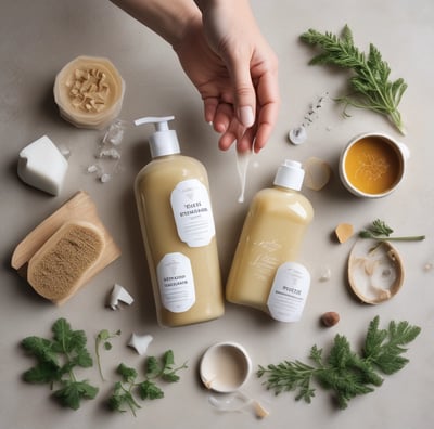 Three boxes of handmade soap labeled 'Rose Basil' from Vya Naturals are arranged on a surface surrounded by scattered red rose petals. The boxes are neatly aligned, displaying their minimalist design with a focus on natural ingredients.