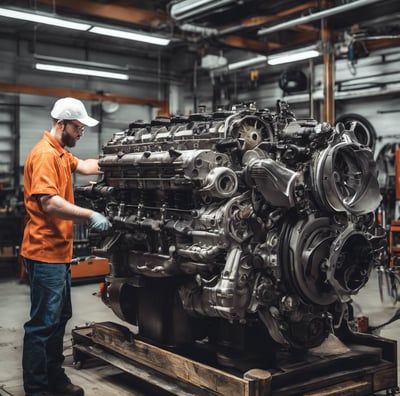A busy automotive workshop with multiple cars being serviced. One car is elevated on a lift, and a mechanic is working nearby. Several signs and banners with automotive-related text hang on the walls. The environment is industrial, with metal roofing and visible beams.