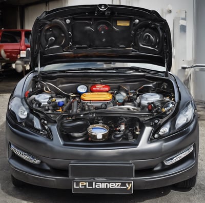 A classic red car is parked in front of an auto repair shop, flanked by two modern vehicles. The auto shop has a sign in both English and another language, featuring a logo similar to BMW. The area appears slightly wet, indicating recent rain.