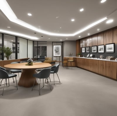 An architectural interior view with multiple layers of curved balconies surrounding a central open space. Above, a skylight ceiling showcases chandeliers, adding a touch of elegance. The design features a mix of white, gold, and dark hues, creating a modern and sophisticated atmosphere.