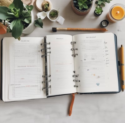 a notebook with a pen and a pencil and a cup of coffee