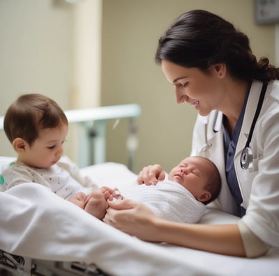 A woman in a white coat is assisting a young child sitting on another woman's lap during an eye examination. The child is positioned in front of a medical device for eye testing, with the woman holding her in place. The setting appears to be an eye clinic room.