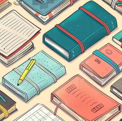 a bunch of cartoon books and notebooks with a pen and pencil