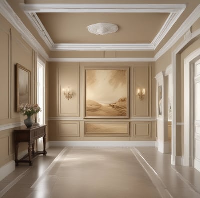 A person wearing an orange cap and white shirt is painting an urban scene on a canvas set on an easel in an outdoor setting. The painting depicts houses with red roofs, and the scene suggests a rustic or historical area. A red car is partially visible in the background, parked near a stone wall.