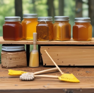 A close-up of a wooden beekeeping frame filled with honeycomb, being held by a person. There are numerous bees on the honeycomb, working and moving around.