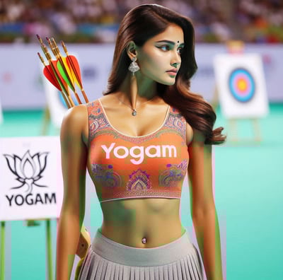 a woman in a yoga outfit with a bow and arrows