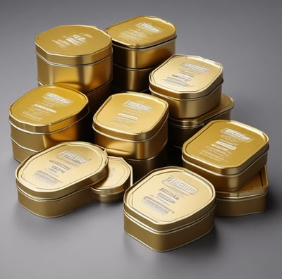 A collection of gold-colored metallic tins arranged closely together, some displaying labels that read '28 Days Program' and ''. The tins have a shiny surface, highlighting their clean and polished appearance.