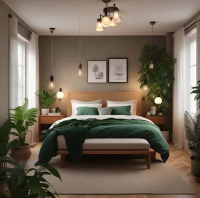 A neatly furnished bedroom with a wooden bed frame and a white bedspread, accented with two dark cushions. Beside the bed is a wooden nightstand. The room features a large window with blinds and an air cooler. The walls are painted in a soft beige, and the lighting is recessed in the white ceiling.