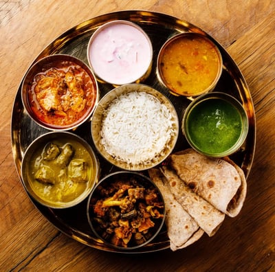 a plate with a variety of different types of Indian food