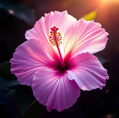 a pink flower with a sun shining in the background