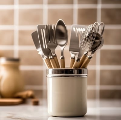 Classic and artistic placement of kitchen tools in a water flask by art of kitchen