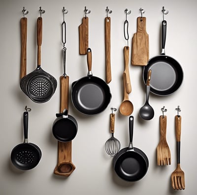 Kitchenware displayed on wall by art of kitchen