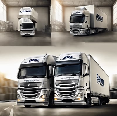 A large cargo ship travels along a river, carrying multiple colorful containers. There are green trees lining the riverbanks and a buoy floating in the water. The sky above is mostly covered with dark, thick clouds, suggesting the possibility of an approaching storm.