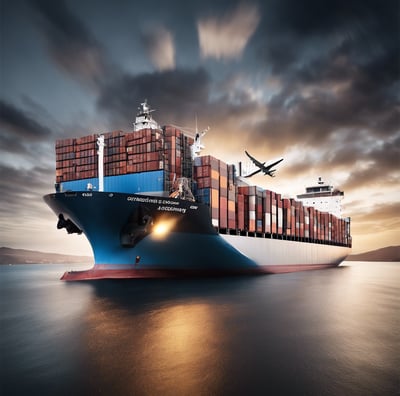 A large cargo ship loaded with colorful shipping containers is docked at a port, set against a backdrop of rolling hills and industrial buildings. The ship is painted blue with a white superstructure, and the containers are stacked in orderly rows. The surrounding water is calm, with a deep blue hue.