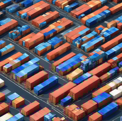 A large cargo ship is sailing across a calm body of water under a mostly cloudy sky. The vessel is fully loaded with colorful shipping containers stacked on its deck. In the background, a small sailboat is visible on the left side of the image.