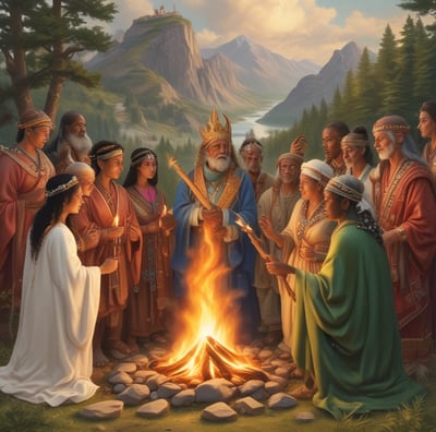 A community gathering scene with a group of people seated and standing under a rustic shelter. The people are dressed in vibrant, colorful clothing with intricate patterns. Some women have baskets balanced on their heads. In the background, traditional thatched-roof houses are visible, as well as several children standing and watching.