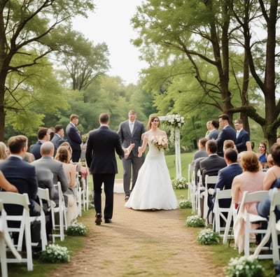 An outdoor wedding setup with wooden chairs arranged in rows on a grassy area. In the background, there is a circular floral arch surrounded by trees. Soft lighting is provided by candles placed on the ground.