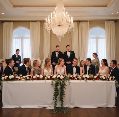 An outdoor wedding aisle adorned with white flowers and greenery leads to an elegant backdrop of draped fabric and floral arrangements. The setting is lush with green grass and surrounded by tall trees.