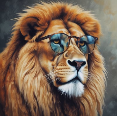 A majestic lion with a full, golden mane stands in close view, exuding a sense of power and regality. Its expressive eyes and relaxed posture suggest calmness, while the background of soft, blurred greenery creates a natural setting.