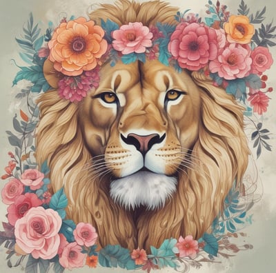 A majestic lion with a full mane stares directly ahead, exuding strength and confidence. The monochrome color palette adds a dramatic and timeless quality to the image, emphasizing the lion's intense expression and regal presence.
